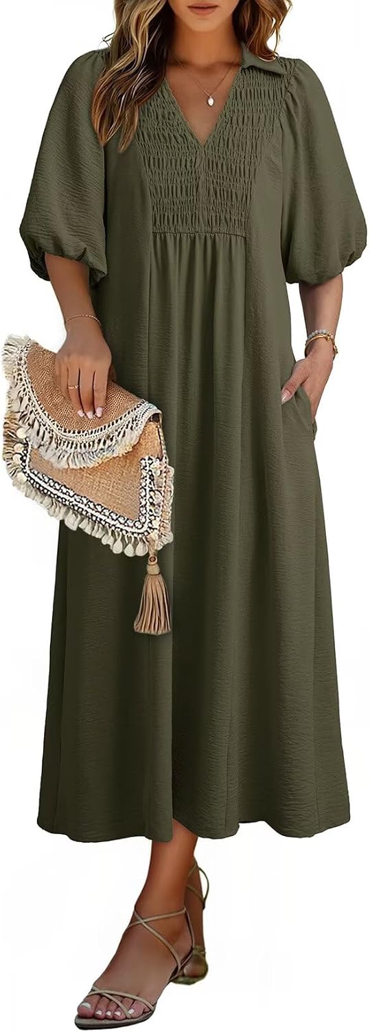 Dokotoo Summer Dresses for Women 2026 Casual Dresses V Neck Puff Sleeve Empire Waist A-Line Maxi Dress