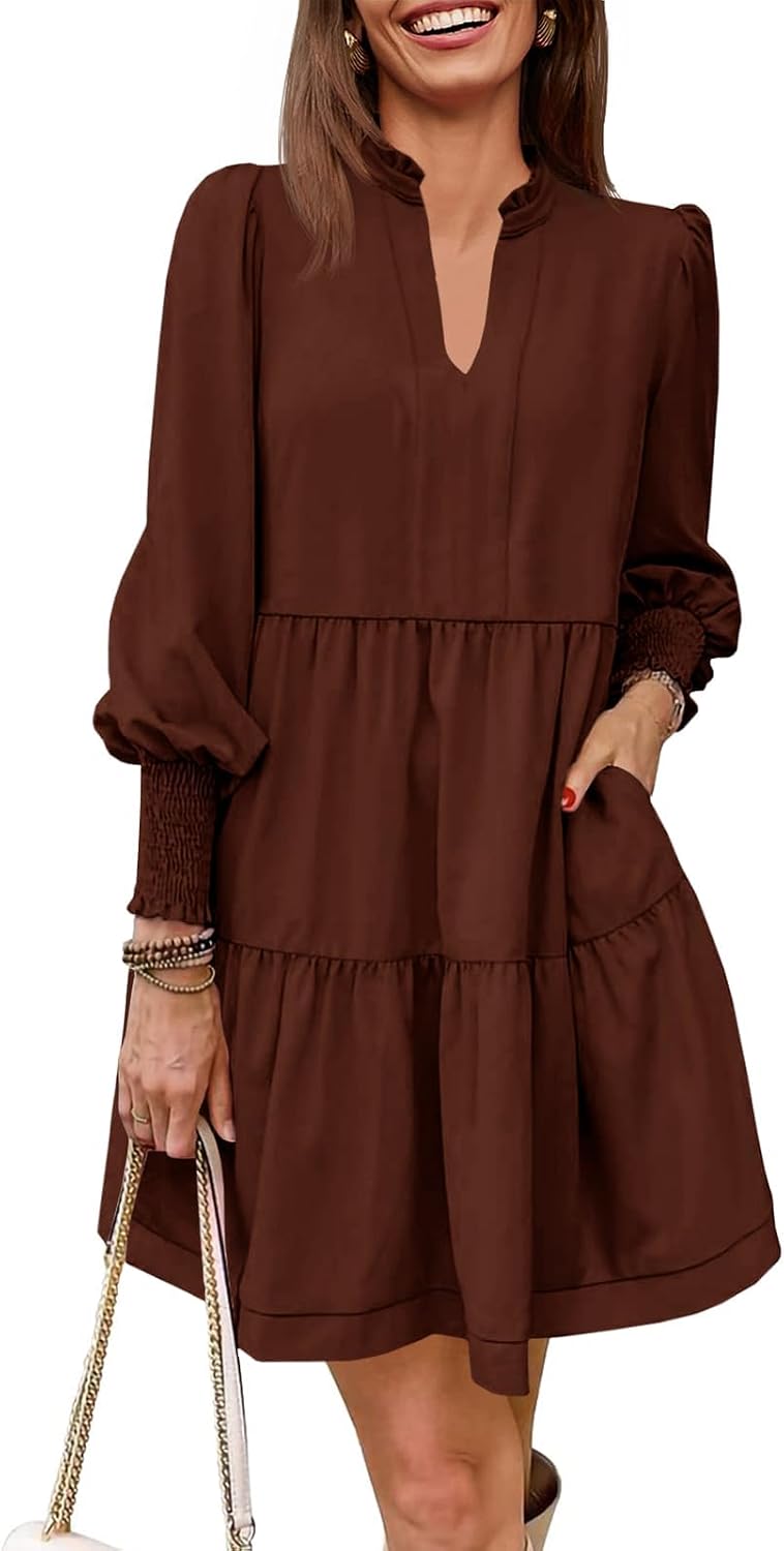 Imily Bela Womens Fall Long Sleeve Tunic Dress Casual V Neck Tiered Dress | Loose,Swing,A-Line,Ruffled Collar,Puff Balloon Sleeve,Smocked Elastic Cuffs,Tiered Layered Ruffle Hem,Babydoll,Loose,Mini