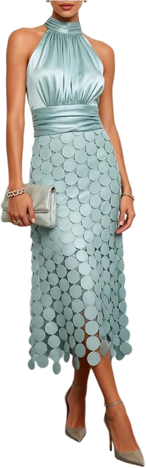 Coal2ToalPW Women Satin Halter Neck Midi Dress Ruched Bust Circle Patchwork Elegant Chic Comfy Flowy Evening Party Gown
