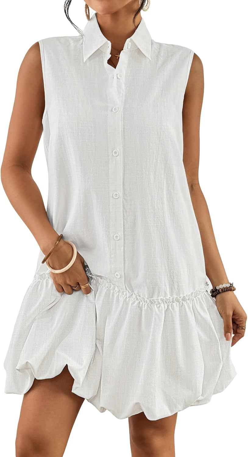 Bsubseach Women Casual Summer Linen Dress Bubble Mini Dress | Sleeveless Button Down Cotton Shirt Sundress with 2 Pockets, Flatters All Figures, Beach Vacation, Brunch Date & Daily Wear