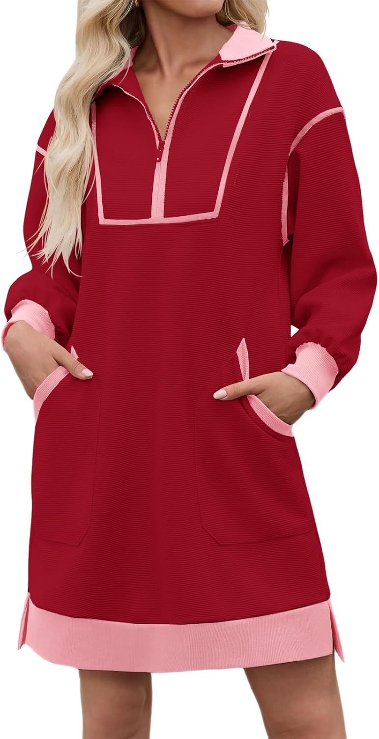 Wenrine Womens Half Zip Sweatshirt Dress Fall V Neck Contrast Mini Dresses | Oversized, Zip Up, Collared, Long Sleeve, Loose Fit, Slit Hem, Two Side Pockets, Sporty, Pullover