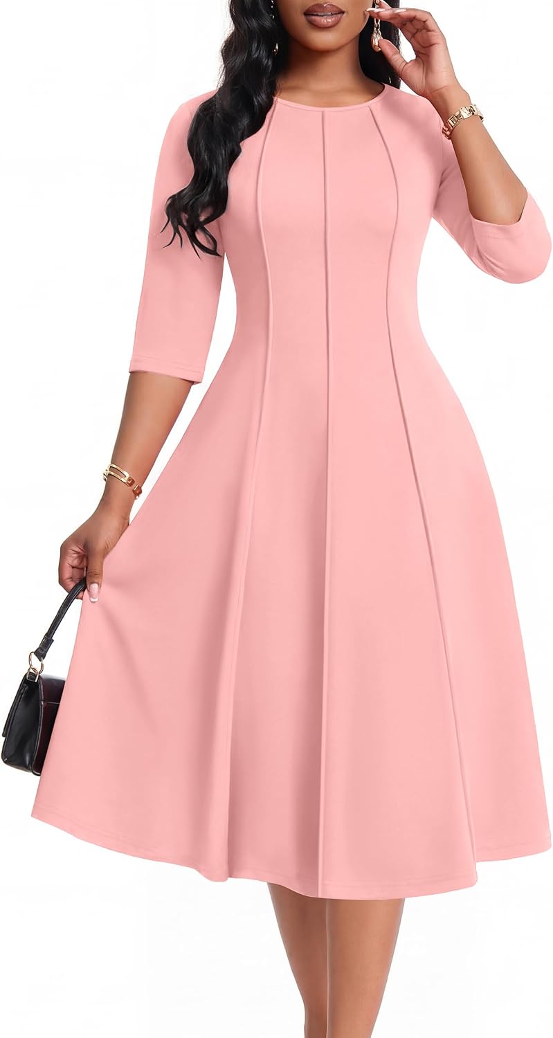 CLOCOR Womens 3\/4 Sleeve Semi Formal Church Midi Dress with Pockets | Fit and flare, modest crew neck, vertical seams, elegant style, casual, work, cocktail party