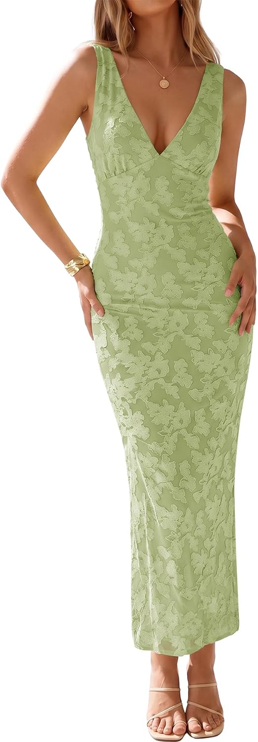 Muchpow Women's Sexy V Neck Bodycon Cocktail Floral Maxi Dress | Lined, Floral Embroidered Semi Formal Mesh Sleeveless Wedding Guest Homecoming Party Elegant Long Dresses