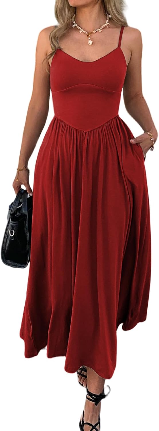 Evzeiem Womens Spaghetti Strap Maxi Dresses Summer Casual Sleeveless A Line Long Flowy Dress with Pockets Beach Sundresses