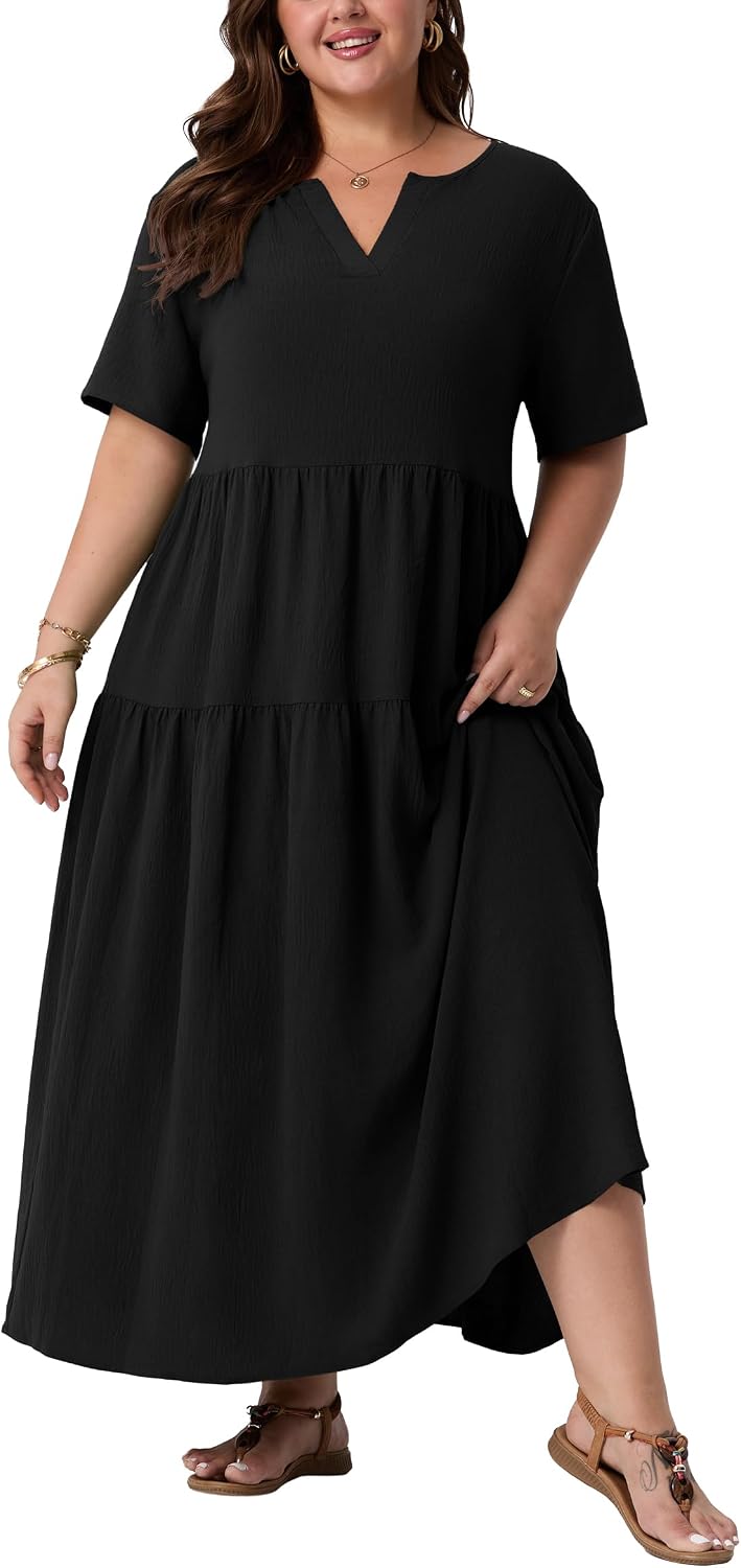 OLRIK Plus Size Maxi Dresses for Curvy Women - Flowy Boho Summer Dress with Pockets, V-Neck Short Sleeve for Beach Vacation