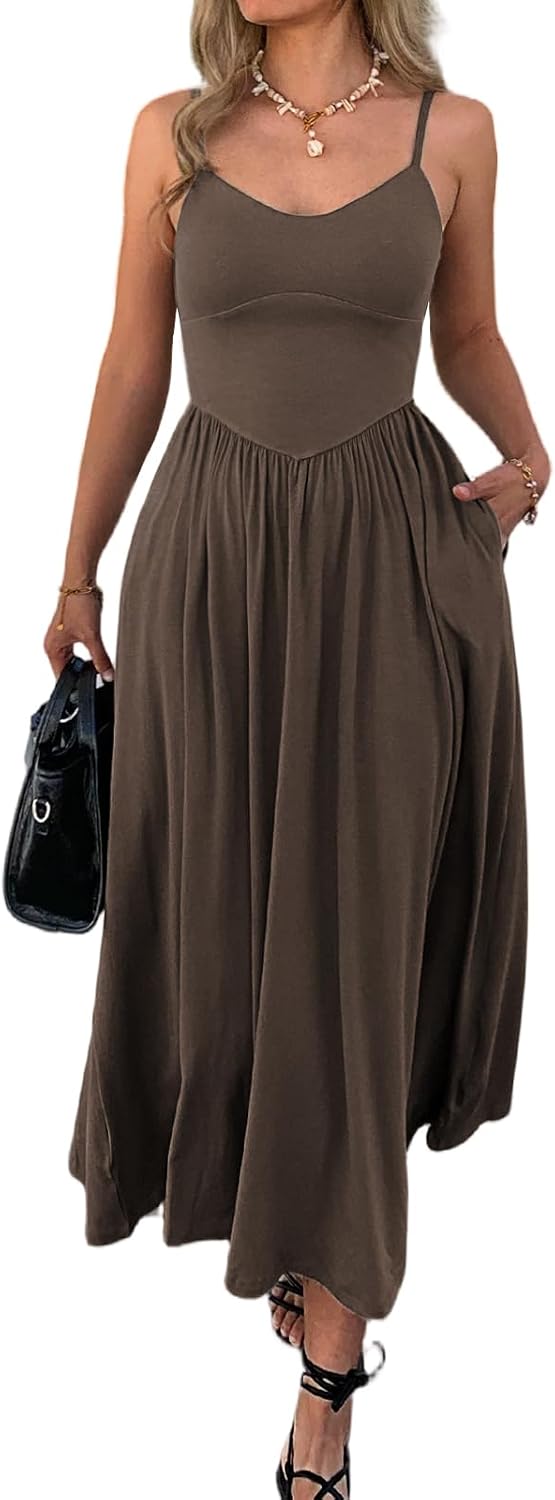 Evzeiem Womens Spaghetti Strap Maxi Dresses Summer Casual Sleeveless A Line Long Flowy Dress with Pockets Beach Sundresses