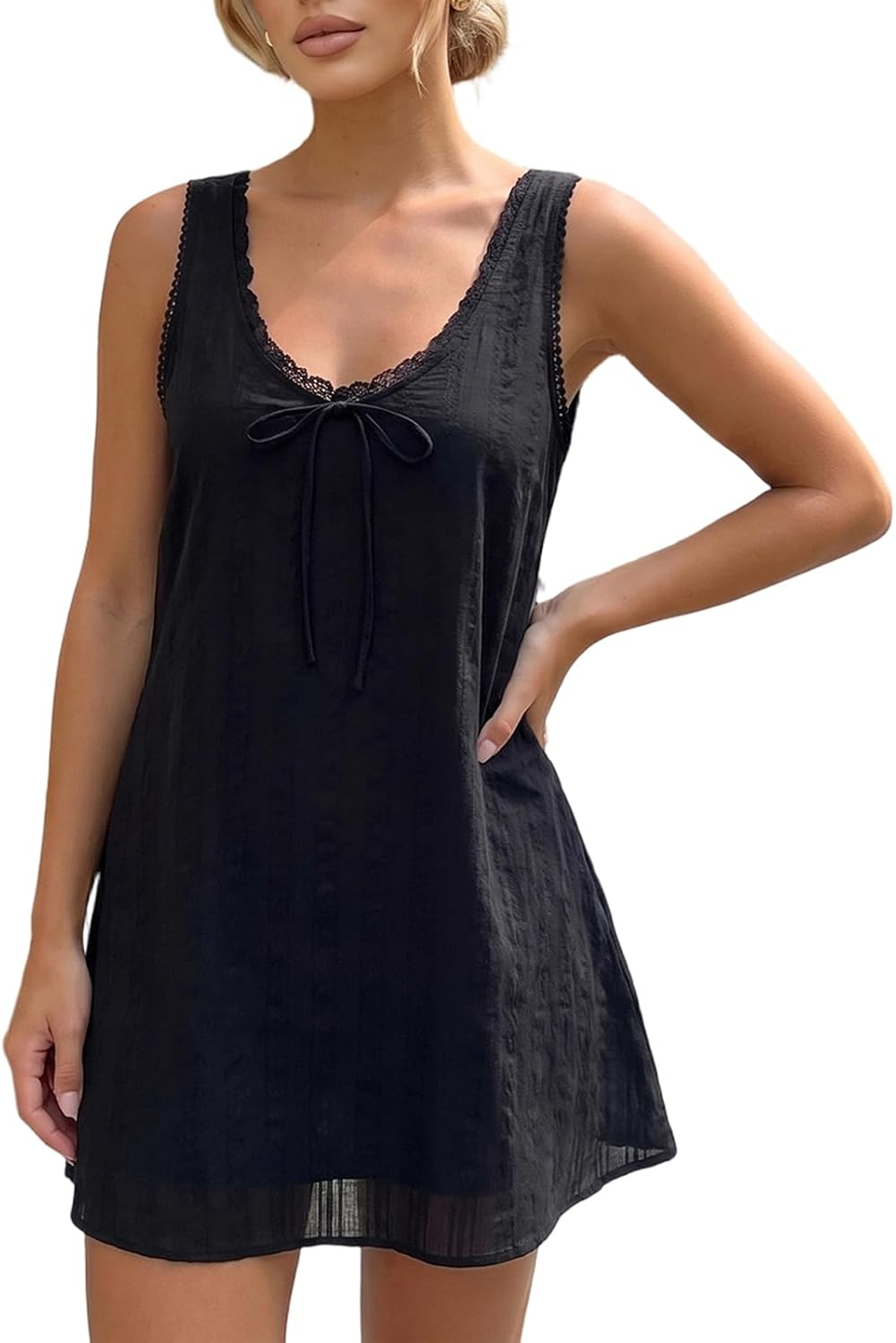 Nlacehan Women's Y2k Flowy Lace Trim Babydoll Mini Dress | Short Sundress with Pocket, Tank Dress, V Neck, Sleeveless, A-Line, Cotton, Loose, Casual, Summer, Vacation, Daily Wear, Club