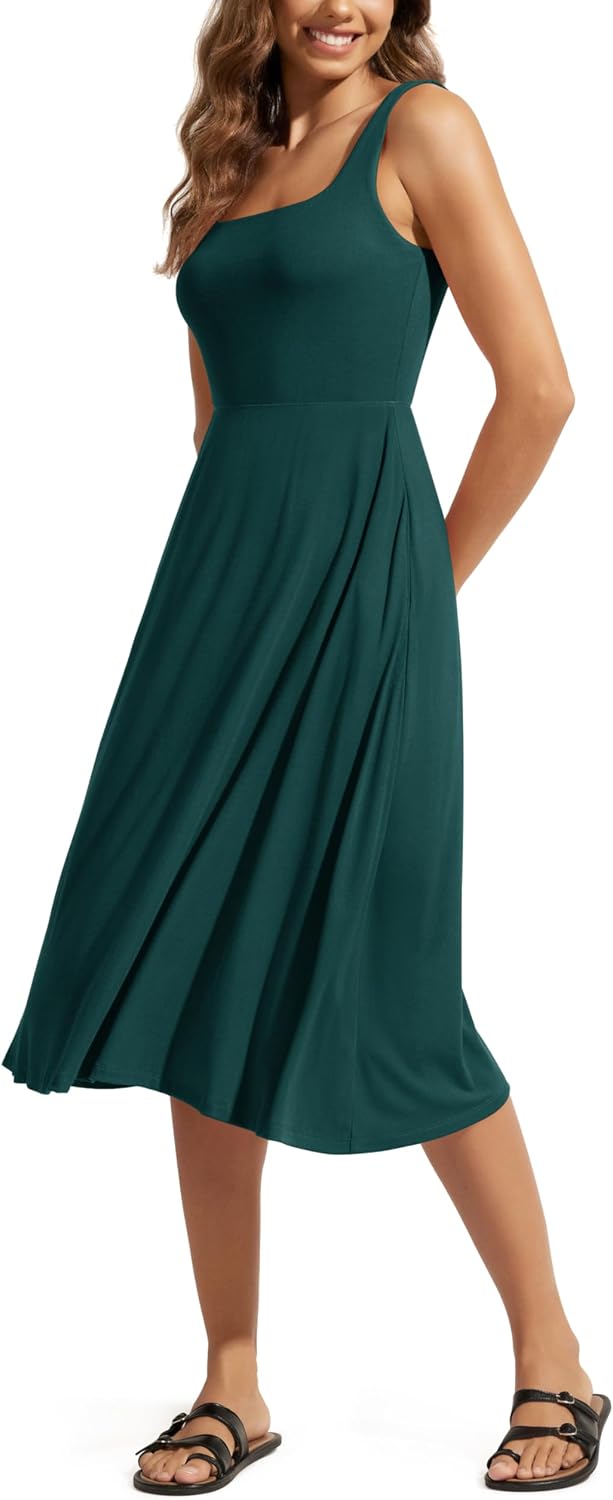 ODODOS Square Neck Midi Dress with Pockets for Women Summer Casual Sleeveless Sundress Flare Tank Dress