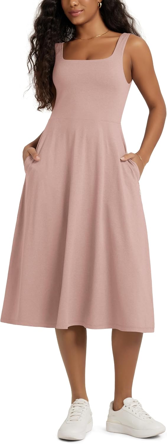 ODODOS Square Neck Midi Dress with Pockets for Women Summer Casual Sleeveless Sundress Flare Tank Dress