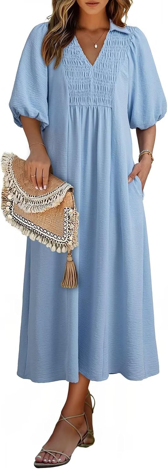 Dokotoo Summer Dresses for Women 2026 Casual Dresses V Neck Puff Sleeve Empire Waist A-Line Maxi Dress