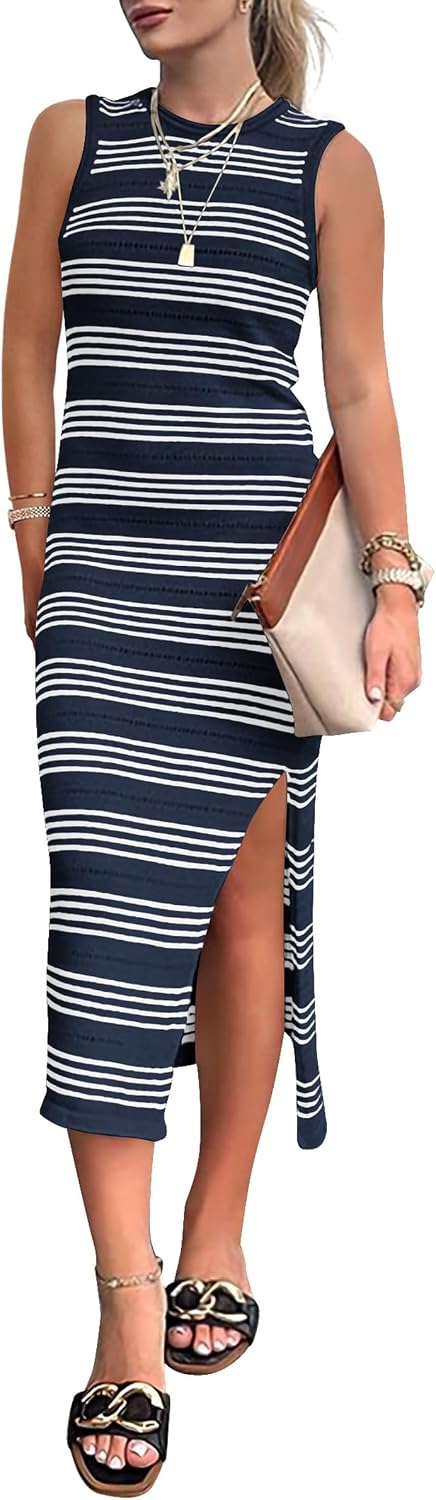 PRETTYGARDEN Women's Summer Sleeveless Striped Midi Dresses | Soft Stretchy Hollow Out Knit, Slim Fit Side Slit, Crewneck Tank Sundress Casual, Beach Vacation Outfits, Date Party Dress