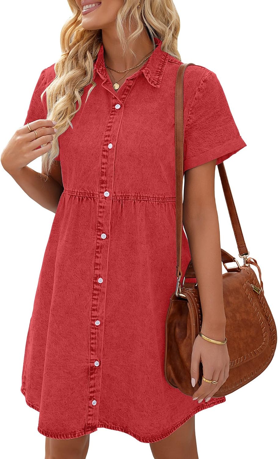LookbookStore Denim Dress for Women Short Sleeve Flowy Babydoll Jean Dress | Trendy Womens Summer Dresses, Tiered Baby Doll Short Dress, Above Knee Length, Button Down, Daily Wear, Country Concert Dress