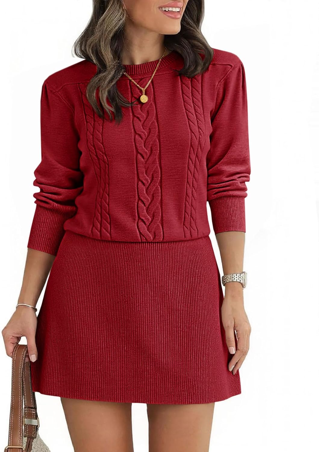 Saodimallsu Womens Puff Long Sleeve Sweater Dress Cable Knit Fall Dresses | Cable Knit, A Line, Crew Neck, Fall Casual, Flare Mini dress