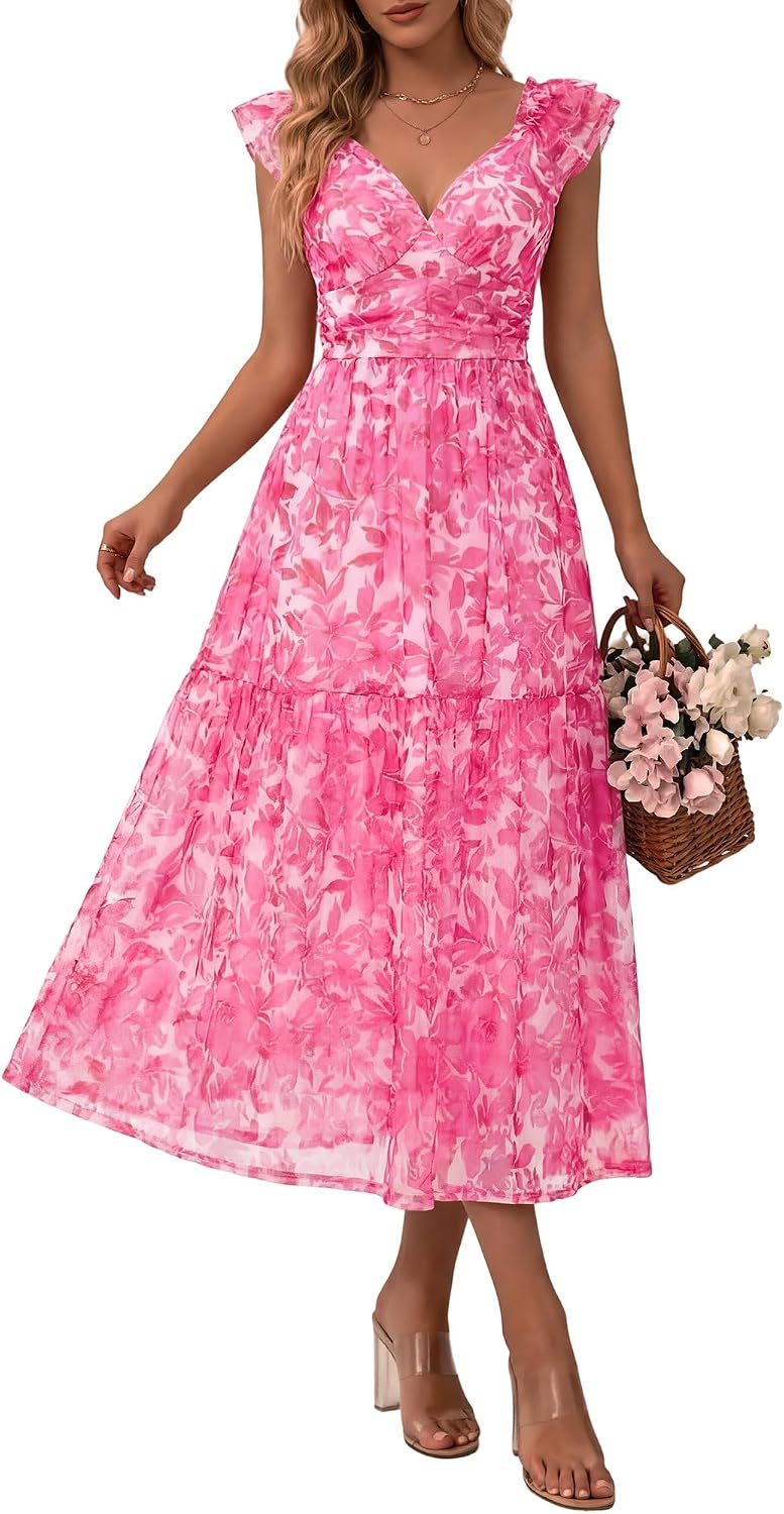 HUHOT Women's Stretchy Tulle Summer Midi Dress Ruffle Flowy Mesh Wedding Guest Sundress