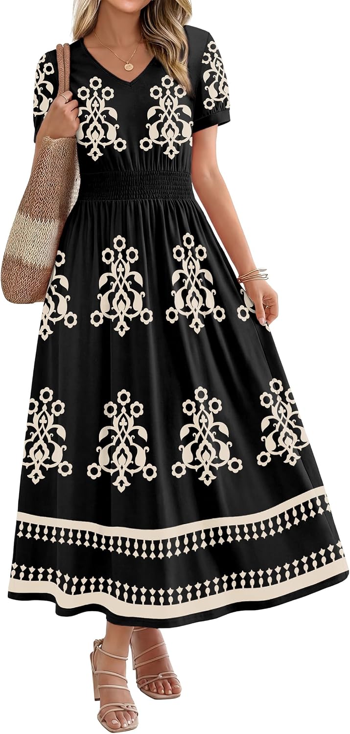 OFEEFAN Maxi Dresses for Women V Neck Ladies Midi Long Dress A Line Smocked Waisted Casual Summer Spring Clothes Boho Beach