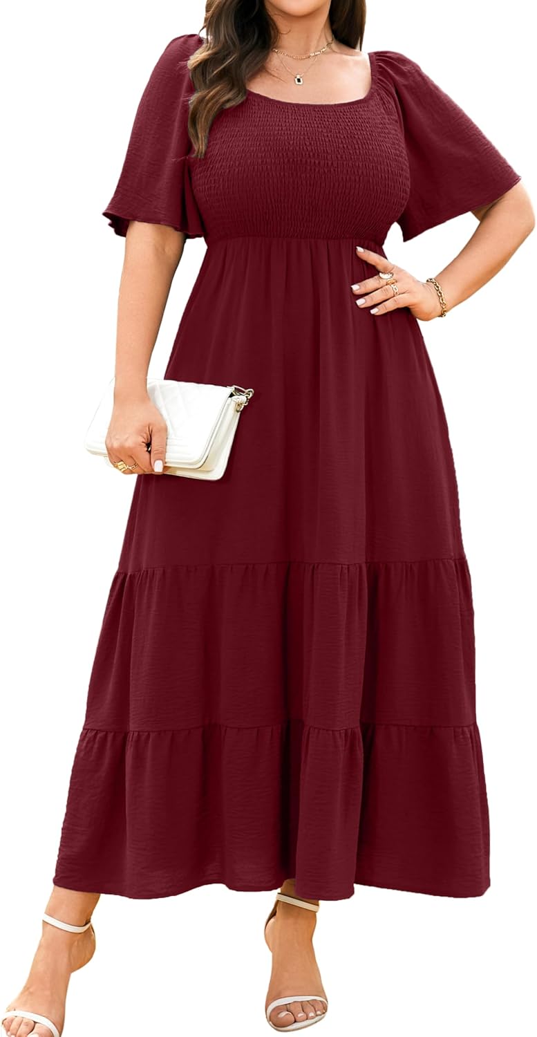 RWJ Women's Plus Size Summer Dresses Short Sleeve Smocked Boho Maxi Dress | Beach Dresses for Women 2026 Vacation, Bohemian Floral Square Neck Empire Waist, Wedding Guest Baby Shower Casual Sundress