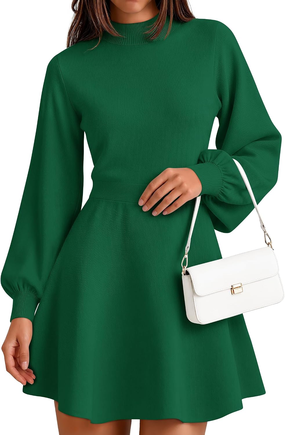 ZESICA Womens Fall Mock Neck Long Lantern Sleeve Sweater Mini Dress | High Waist A Line, Swing Short Dresses, Soft Ribbed Knit, 2026 Winter Elegant Cocktail Party Formal Wedding Guest Dress