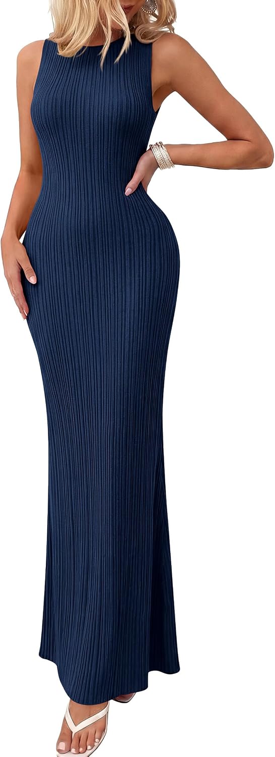 PRETTYGARDEN Women's Knit Bodycon Maxi Going Out Dresses | Ribbed Textured, Sleeveless Tank Dress, Fitted Long Sundresses, Casual Elegant, Summer Date Night Outfits, Fashion Clothing