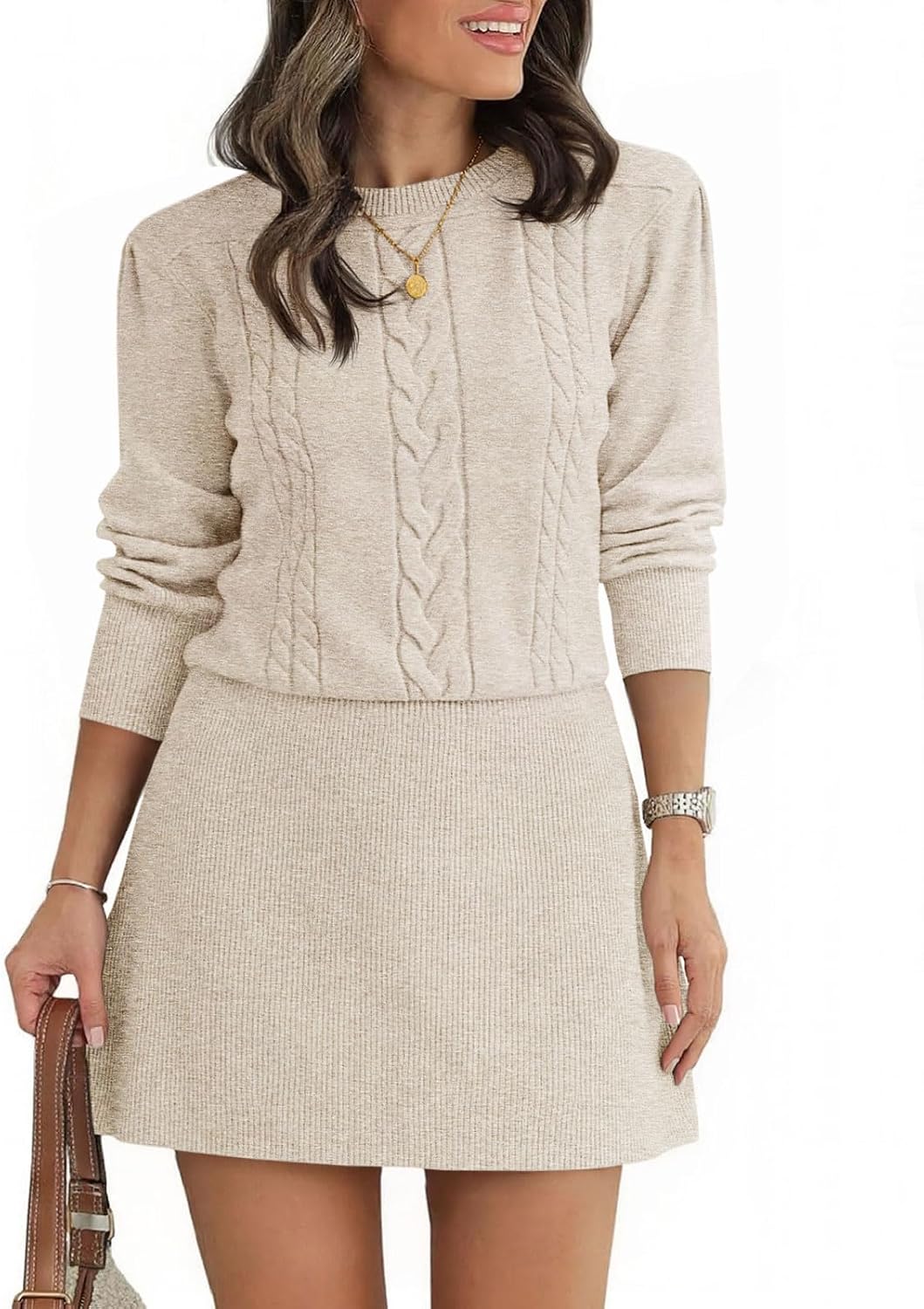 Saodimallsu Womens Puff Long Sleeve Sweater Dress Cable Knit Fall Dresses | Cable Knit, A Line, Crew Neck, Fall Casual, Flare Mini dress