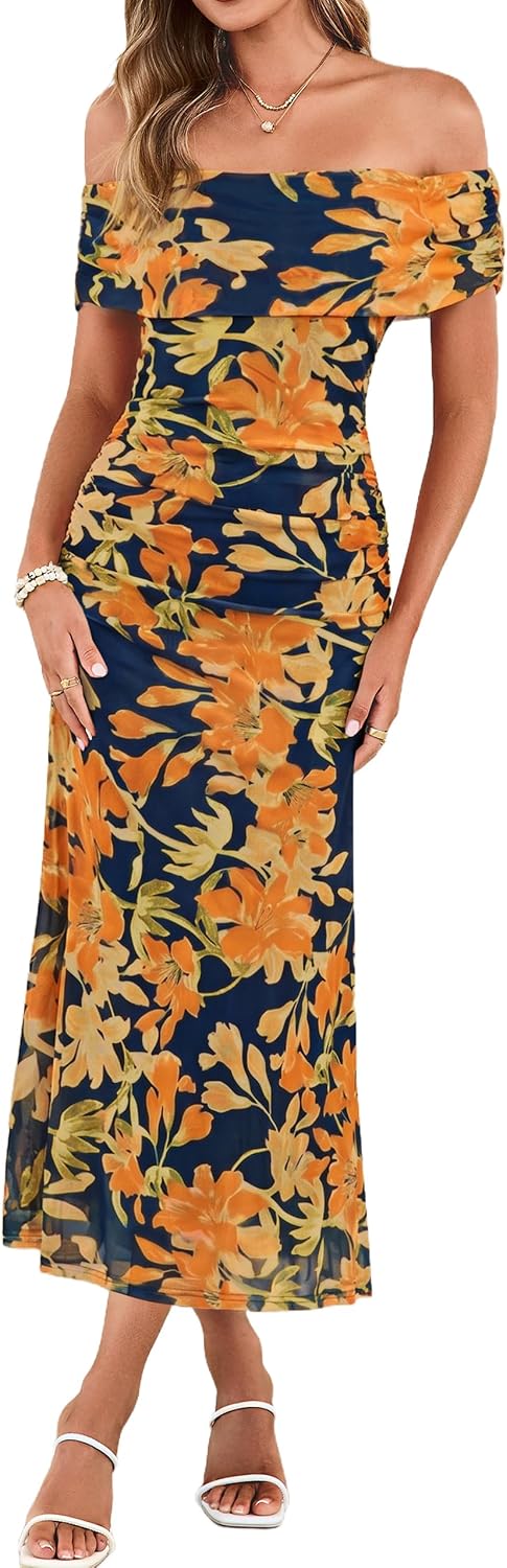 Simplee Womens Off Shoulder Maxi Dress Summer Floral Wedding Guest Dresses | Mesh Ruched Bodycon, Semi Formal Dress 2026, Strapless Spring Pastel Elegant, Cocktail Party Prom, Bridal Shower, Beach