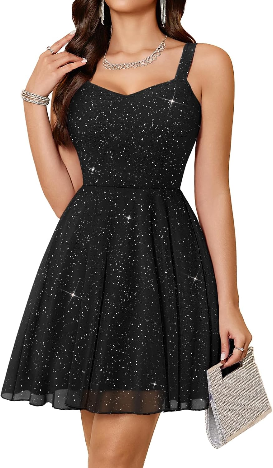 Meetjen Women's Short Cocktail Dress Sequin Formal Homecoming Dress | Sparkly Prom Dresses for Teens, Summer Mini Party Dress, A Line Sleeveless, V Neck, Fancy High Waist Wedding Guest 2026