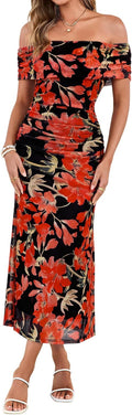 Simplee Womens Off Shoulder Maxi Dress Summer Floral Wedding Guest Dresses | Mesh Ruched Bodycon, Semi Formal Dress 2026, Strapless Spring Pastel Elegant, Cocktail Party Prom, Bridal Shower, Beach