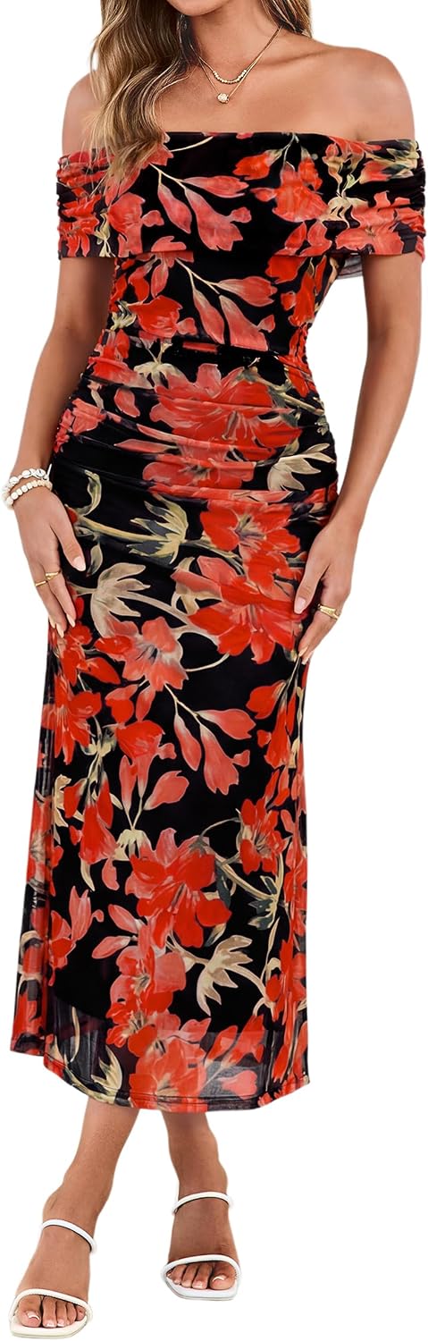 Simplee Womens Off Shoulder Maxi Dress Summer Floral Wedding Guest Dresses | Mesh Ruched Bodycon, Semi Formal Dress 2026, Strapless Spring Pastel Elegant, Cocktail Party Prom, Bridal Shower, Beach