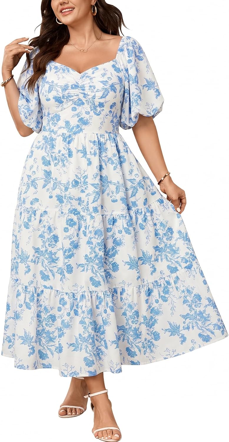 SHESTARR Womens Plus Size Wedding Guest Maxi Dress | Puffy Short Sleeve, Sweetheart Neckline, Smocked, Flowy, Tiered, A Line, Summer, Long Dresses