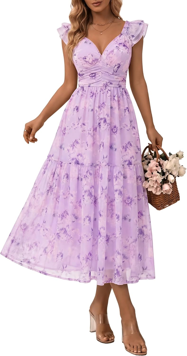 HUHOT Women's Stretchy Tulle Summer Midi Dress Ruffle Flowy Mesh Wedding Guest Sundress