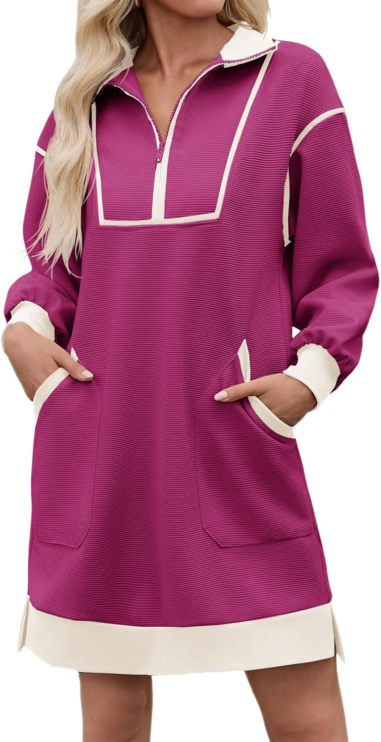 Wenrine Womens Half Zip Sweatshirt Dress Fall V Neck Contrast Mini Dresses | Oversized, Zip Up, Collared, Long Sleeve, Loose Fit, Slit Hem, Two Side Pockets, Sporty, Pullover