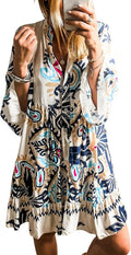 SELINK Womens Long Sleeve Dresses Casual V Neck Tribal Mini Beach Dress | flowy summer dress, front button, bell sleeve, boho, tiered, loose fit for vacation daily outfits