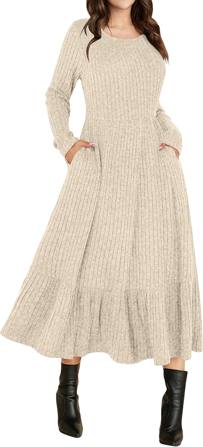 ANRABESS Womens Fall Long Sleeve Midi Dress | Crewneck Swing Flowy A Line Dresses, Soft Comfy Rib Knit, Casual Everyday Date Nights Wear, Minimal Elegant, Winter Layering