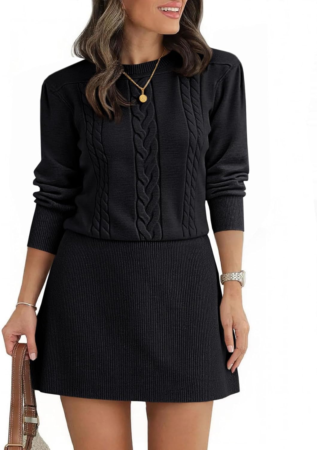 Saodimallsu Womens Puff Long Sleeve Sweater Dress Cable Knit Fall Dresses | Cable Knit, A Line, Crew Neck, Fall Casual, Flare Mini dress