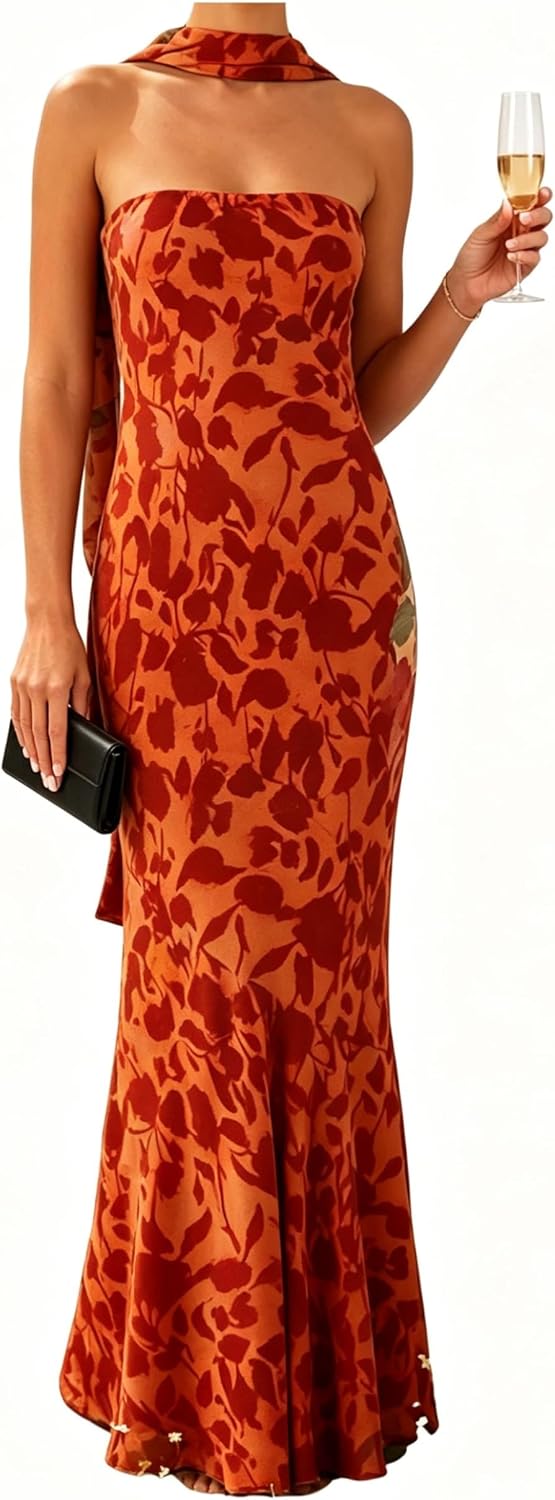 Women's Floral Strapless Tube Maxi Dress with Scarf, Bodycon Long Dress | 2-Layer: Mesh outer, stretchy lining\u2014no see-through, dress features non-slip strips. Suitable for spring and summer wear.