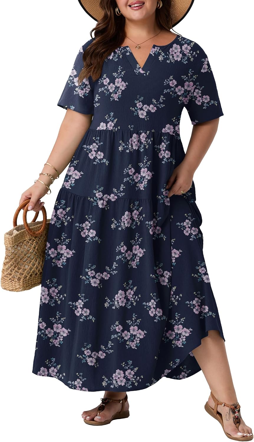 OLRIK Plus Size Maxi Dresses for Curvy Women - Flowy Boho Summer Dress with Pockets, V-Neck Short Sleeve for Beach Vacation