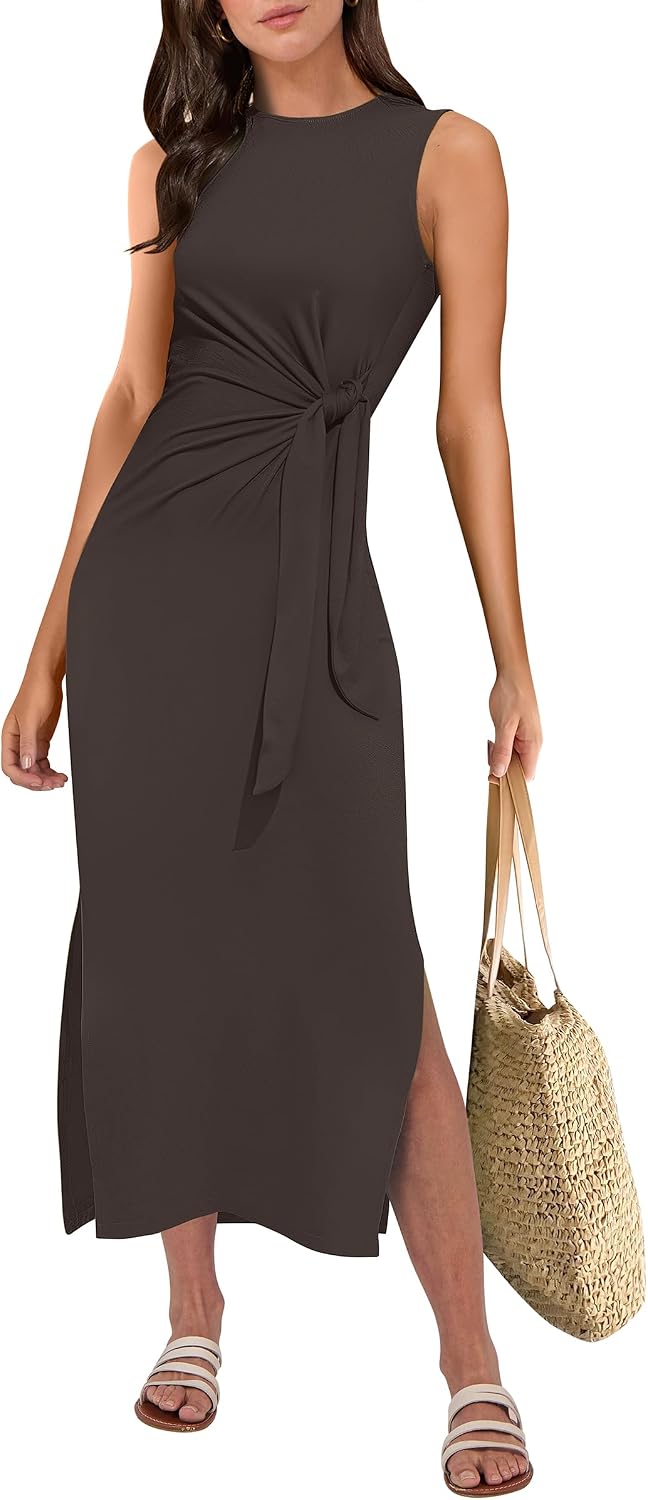 ANRABESS Women's Sleeveless T-Shirt Midi Tank Dress | Summer Casual, Slim Fit, Tie Waist Split Trendy Long Dresses, 2026 Travel Vacation Beach Sundress, Soft Comfy
