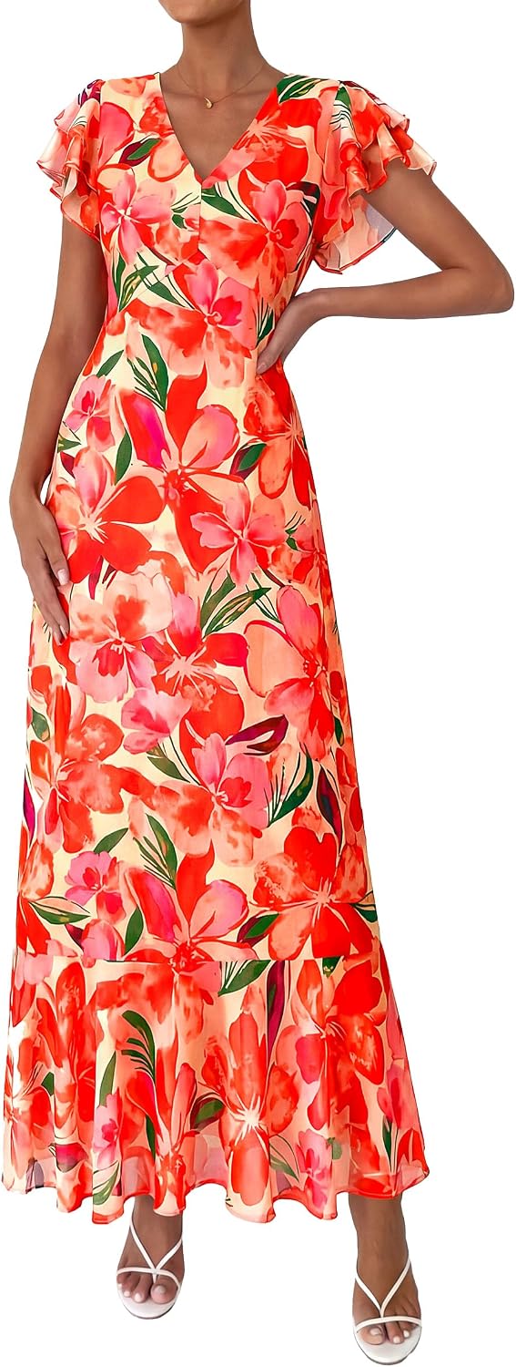 PRETTYGARDEN Womens Summer Boho Floral Maxi Dress | V Neck Ruffle Sleeve Tiered A-Line Sundress, Lightweight Flowy Long Dresses for Spring Wedding Guest, Cocktail Party, Cruise