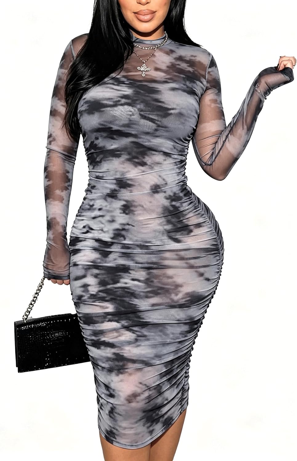 MOEENCN Women's Sexy Long Sleeve Sheer Mesh Midi Bodycon Dress 2 Piece Set | Sheer Printed Mesh Overlay, Adjustable Spaghetti\u2011Strap Slip Liner, Crew Neck, Date Night Birthday Going Out Clubwear