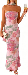 Women's Floral Strapless Tube Maxi Dress with Scarf, Bodycon Long Dress | 2-Layer: Mesh outer, stretchy lining\u2014no see-through, dress features non-slip strips. Suitable for spring and summer wear.
