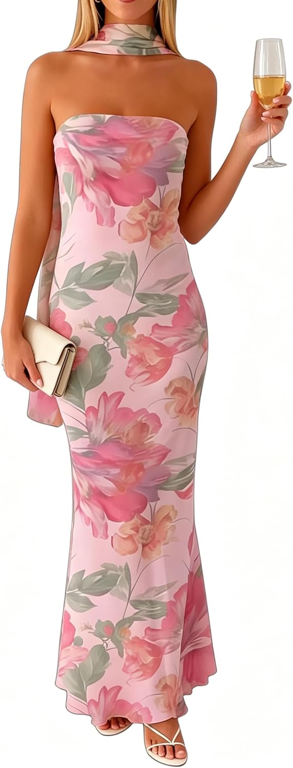 Women's Floral Strapless Tube Maxi Dress with Scarf, Bodycon Long Dress | 2-Layer: Mesh outer, stretchy lining\u2014no see-through, dress features non-slip strips. Suitable for spring and summer wear.