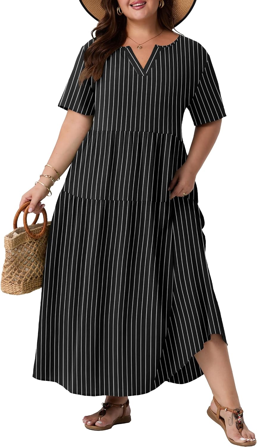 OLRIK Plus Size Maxi Dresses for Curvy Women - Flowy Boho Summer Dress with Pockets, V-Neck Short Sleeve for Beach Vacation