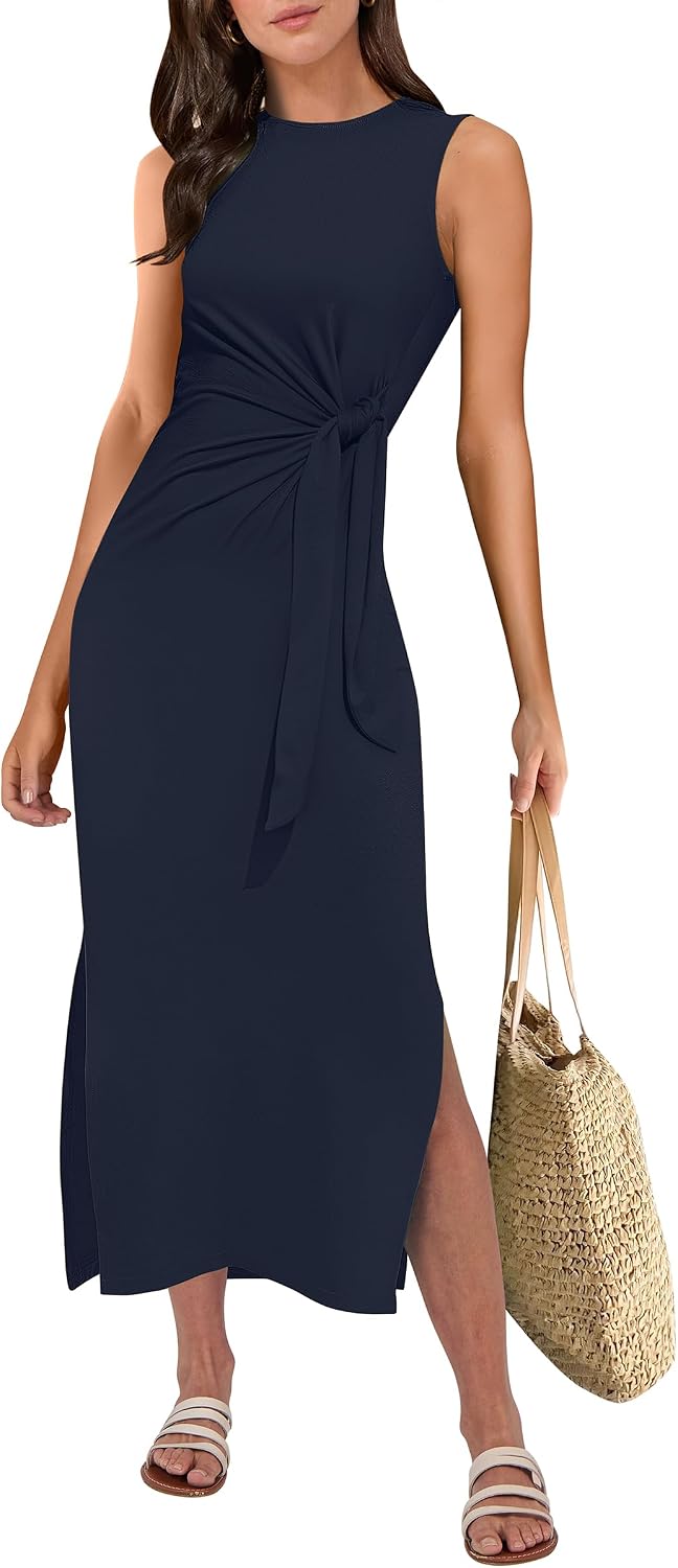 ANRABESS Women's Sleeveless T-Shirt Midi Tank Dress | Summer Casual, Slim Fit, Tie Waist Split Trendy Long Dresses, 2026 Travel Vacation Beach Sundress, Soft Comfy