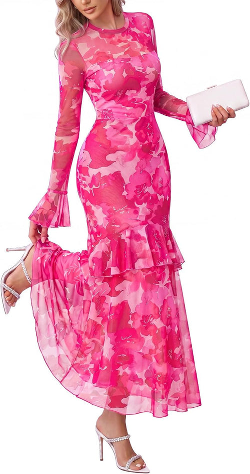 BTFBM Elegant Wedding Guest Dress Long Sleeve Maxi Dresses for Women | Bell Sleeves,Crew Neck,Floral,Mesh,Tiered Ruffle,Fashion Clothing,Homecoming Dresses,Cocktail Dress,Maxi,Fall Outfits 2026