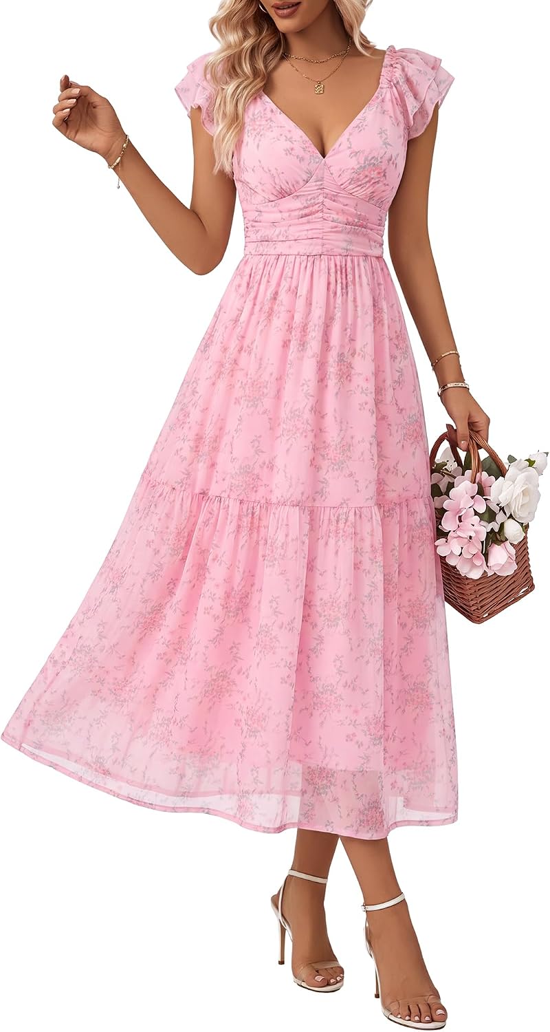 HUHOT Women's Stretchy Tulle Summer Midi Dress Ruffle Flowy Mesh Wedding Guest Sundress