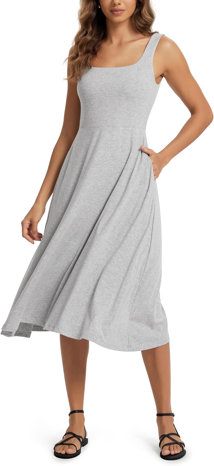 ODODOS Square Neck Midi Dress with Pockets for Women Summer Casual Sleeveless Sundress Flare Tank Dress