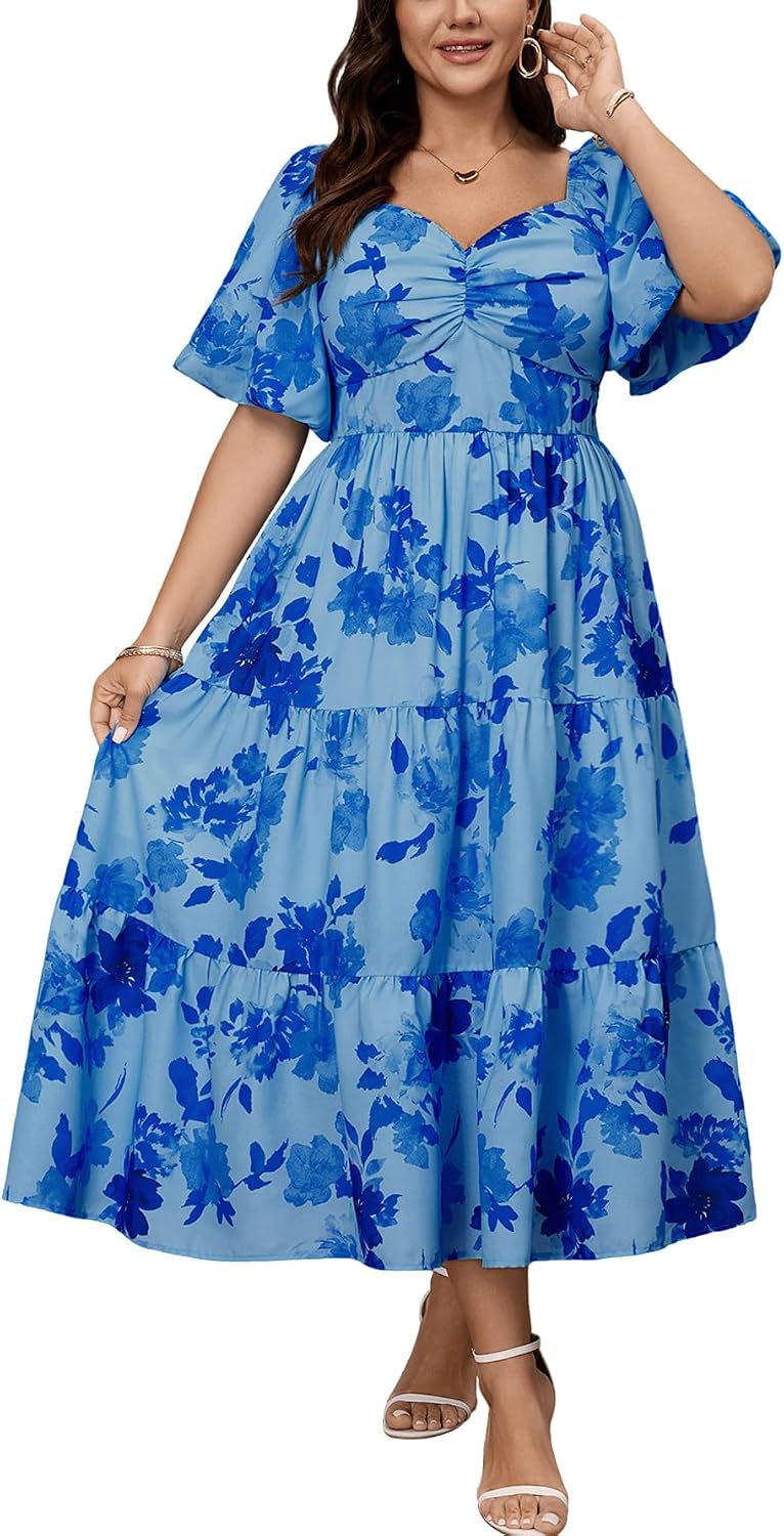 SHESTARR Womens Plus Size Wedding Guest Maxi Dress | Puffy Short Sleeve, Sweetheart Neckline, Smocked, Flowy, Tiered, A Line, Summer, Long Dresses