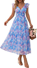 HUHOT Women's Stretchy Tulle Summer Midi Dress Ruffle Flowy Mesh Wedding Guest Sundress