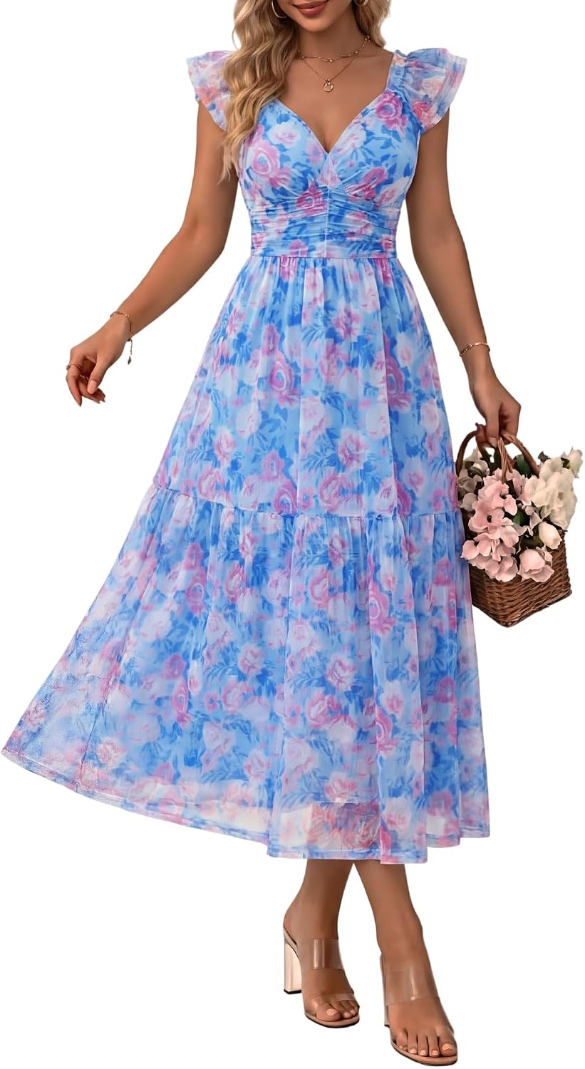 HUHOT Women's Stretchy Tulle Summer Midi Dress Ruffle Flowy Mesh Wedding Guest Sundress