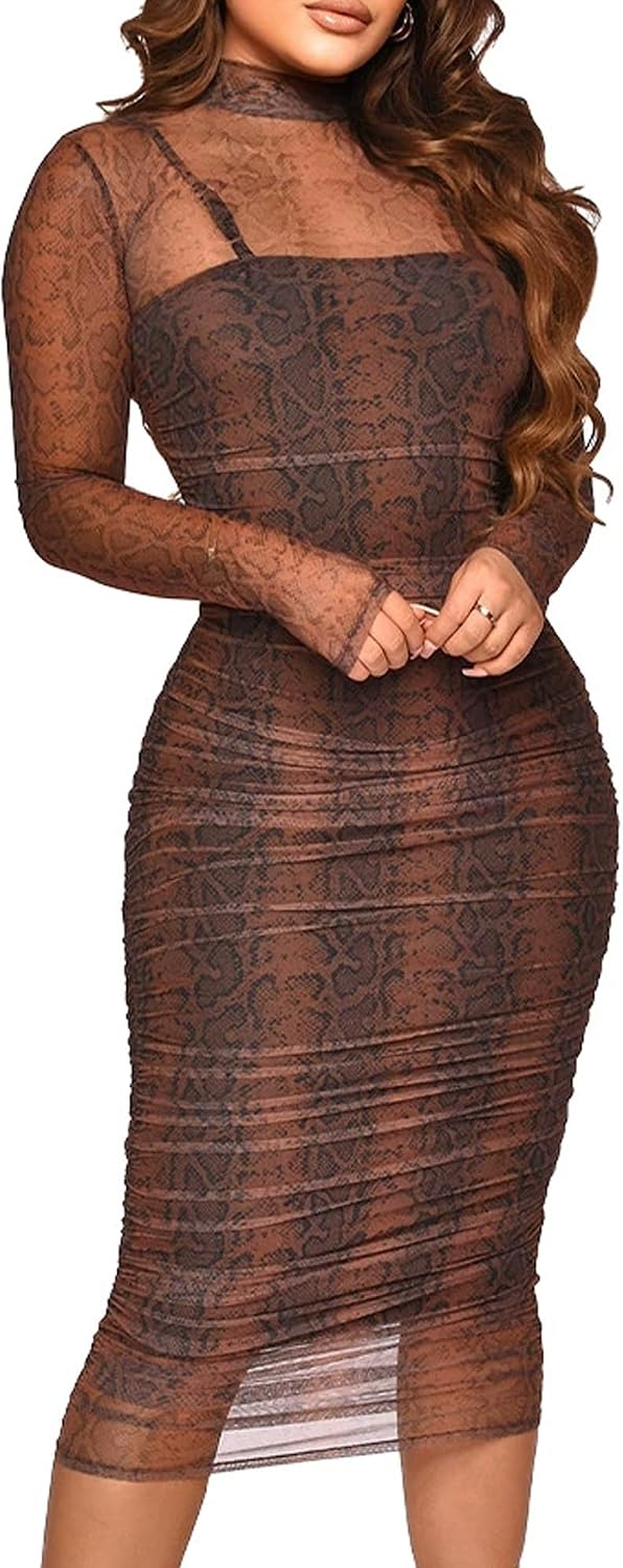 MOEENCN Women's Sexy Long Sleeve Sheer Mesh Midi Bodycon Dress 2 Piece Set | Sheer Printed Mesh Overlay, Adjustable Spaghetti\u2011Strap Slip Liner, Crew Neck, Date Night Birthday Going Out Clubwear