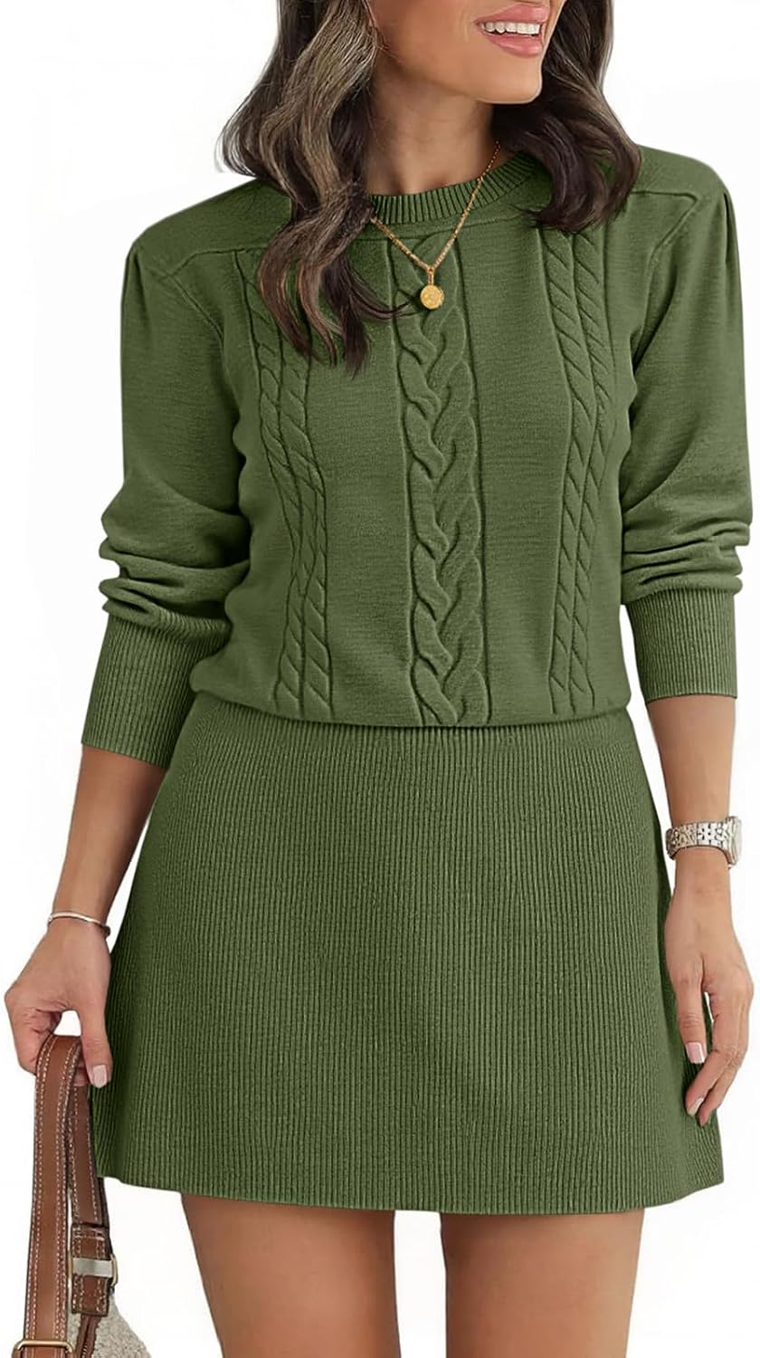 Saodimallsu Womens Puff Long Sleeve Sweater Dress Cable Knit Fall Dresses | Cable Knit, A Line, Crew Neck, Fall Casual, Flare Mini dress